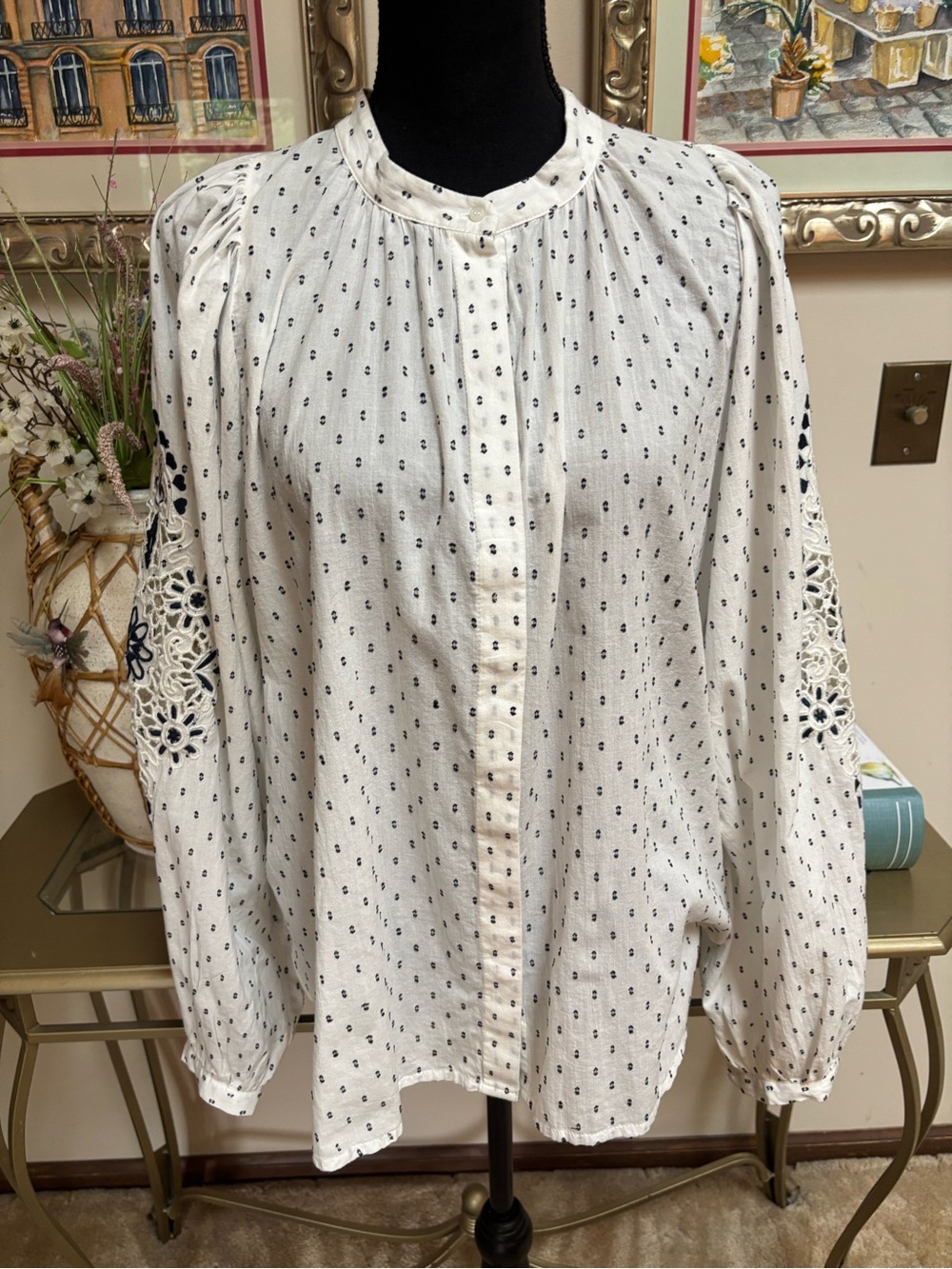 H&M LOGG Peasant Blouse Oversized Floral Lace Embroidered Sleeves White & Navy - Picture 3 of 10